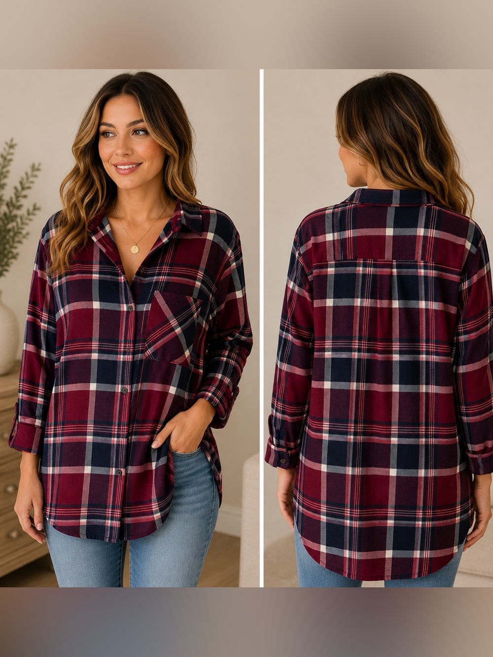 Eden & Olivia Maternity Burgundy Plaid Button-Up Shirt | 1X